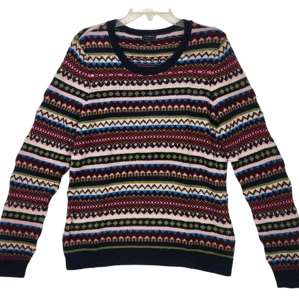TALBOTS WOMENS WOOL SWEATER LG FAIR ISLE COTTAGE CORE DARK ACADEMIA GRANDPA CHIC